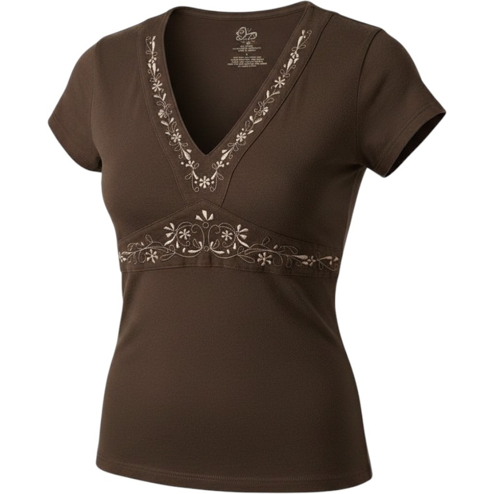 Womens‎ Y2k Brown V-Neck Embroidered Short Sleeve Top Size Large Babydoll